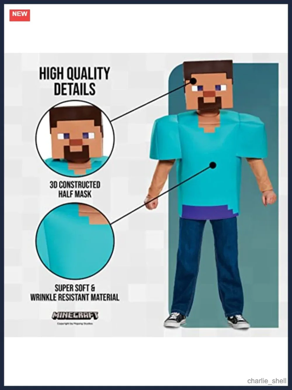 Minecraft Steve Classic Kids Costume Tunic & 3D Mask Halloween Cosplay